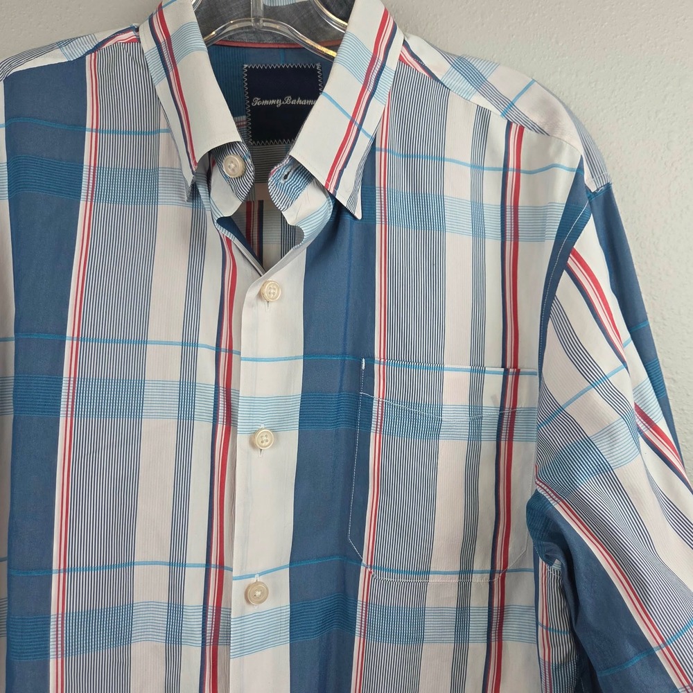 Tommy Bahama Mens Cotton Silk Plaid Button Down Shirt Red Blue White Size Medium
